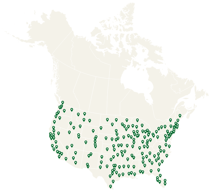 Map of North America with pins marking local gutter pros