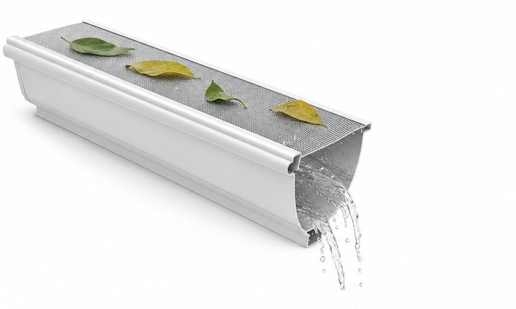 A white gutter with a micro-mesh guard, leaves resting on top while water pours through
