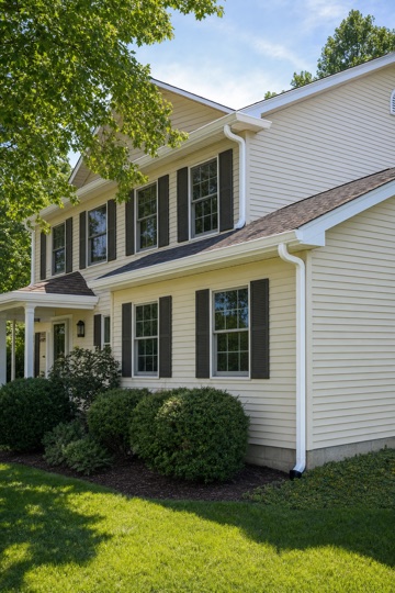 Completed gutter installation on a cream two-storey home